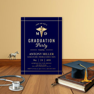 Invitation En Aluminium Gold caduceus Classe De 2025 Marine bleu graduatio