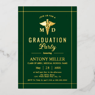 Invitation En Aluminium Gold caduceus Classe De graduation verte 2025