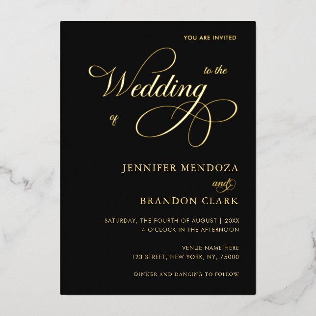 Invitation En Aluminium Gold Calligraphy Classic Tout en un Mariage Réel (Recto)