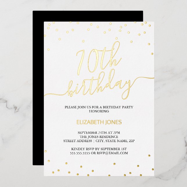 Invitation En Aluminium Gold Calligraphy Confetti 70e fête d'anniversaire (Recto/Verso)