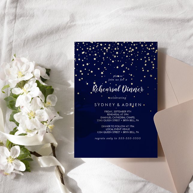 Invitation En Aluminium Gold Confetti|Navy Rehearer Dinner Gold (Créateur téléchargé)