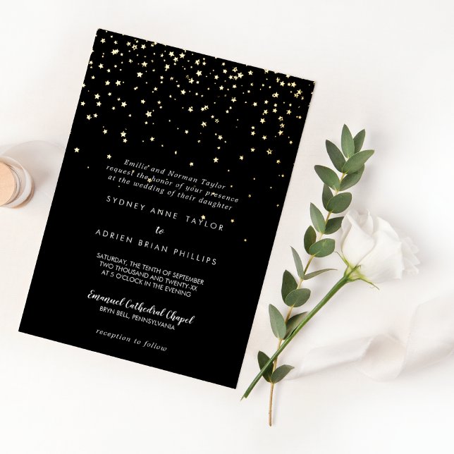 Invitation En Aluminium Gold Confetti|Noir Mariage traditionnel Real Gold (Créateur téléchargé)
