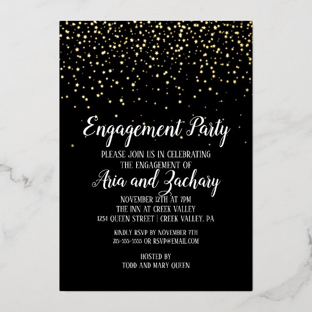 Invitation En Aluminium Gold Confetti sur Black Engagement Party Gold (Recto)