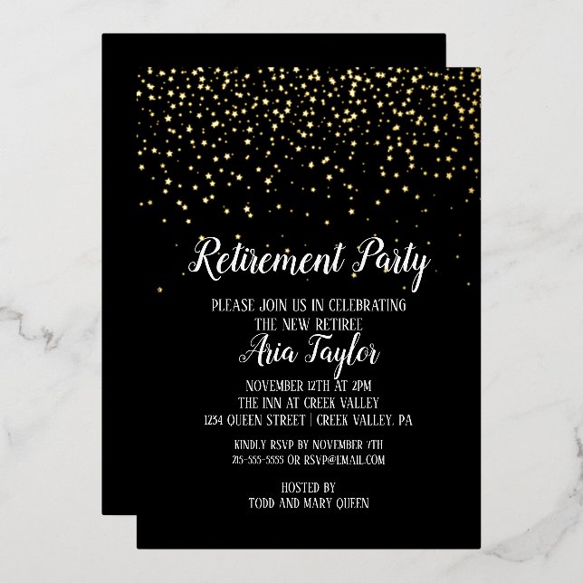 Invitation En Aluminium Gold Confetti sur Black Retirement Party Gold (Recto/Verso)