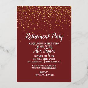 Invitation En Aluminium Gold Confetti sur Burgundy Retirement Gold