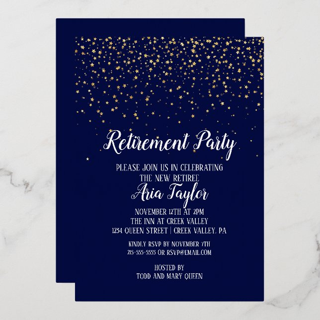 Invitation En Aluminium Gold Confetti sur Marine Blue Retraite Party Gold (Recto/Verso)