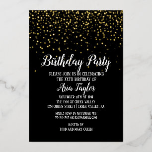 Invitation En Aluminium Gold Confetti sur Noir Anniversaire Party Gold