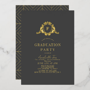 Invitation En Aluminium Gold Crest Monogramme gris foncé Graduation