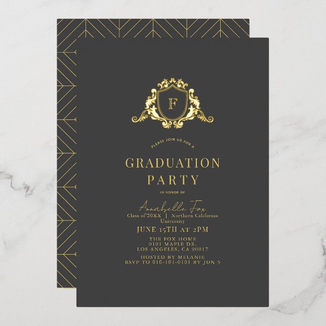 Invitation En Aluminium Gold Crest Monogramme gris foncé Graduation (Recto/Verso)