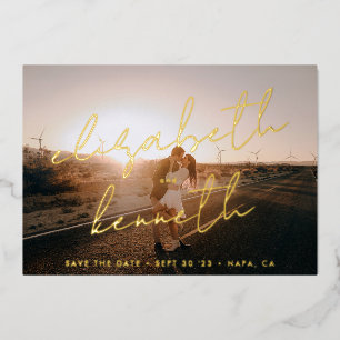 Invitation En Aluminium Gold Custom Modern Names Photo Enregistrer la date