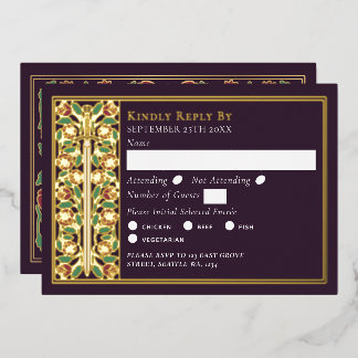 Invitation En Aluminium Gold Eggplant Medieval Floral Sword Wedding RSVP
