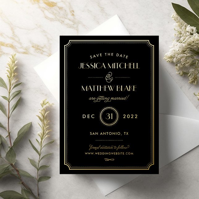 Invitation En Aluminium Gold et Black Art Déco Enregistrer la date (Créateur téléchargé)