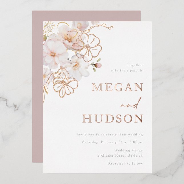 Invitation En Aluminium Gold et Blush Fleur sauvage Mariage Rose Gold (Recto/Verso)