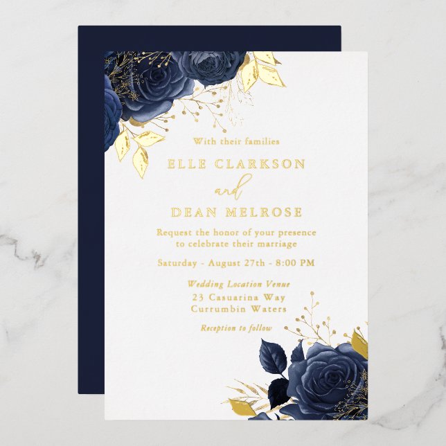 Invitation En Aluminium Gold et Marine Roses Mariage bleu Real Golden (Recto/Verso)