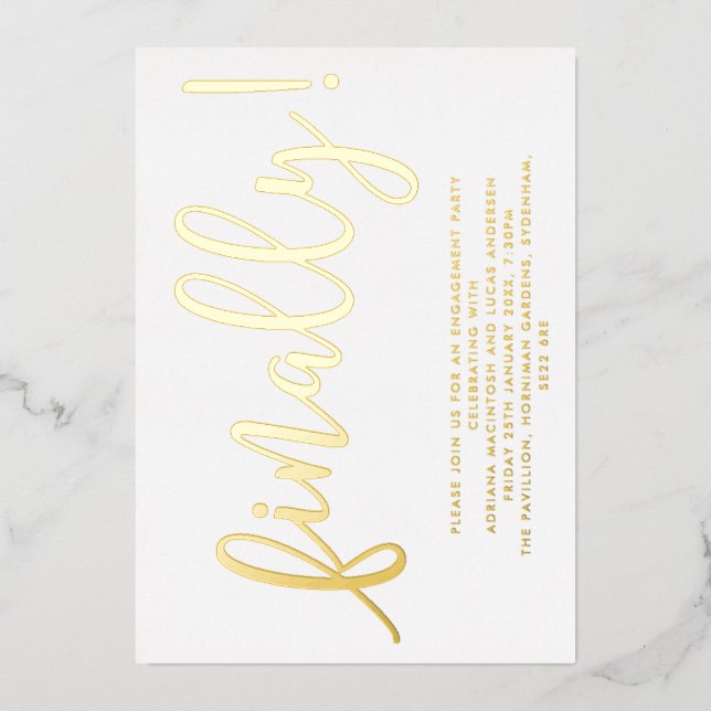 Invitation En Aluminium Gold et White Script Enfin la partie d'engagement (Recto)