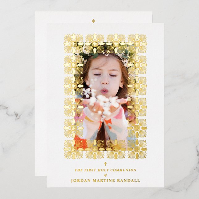 Invitation En Aluminium Gold Fancy Ornament Lace Effect Modern Photo (Recto/Verso)