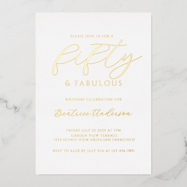 Invitation En Aluminium Gold Foil 50 and Fabulous (Recto)