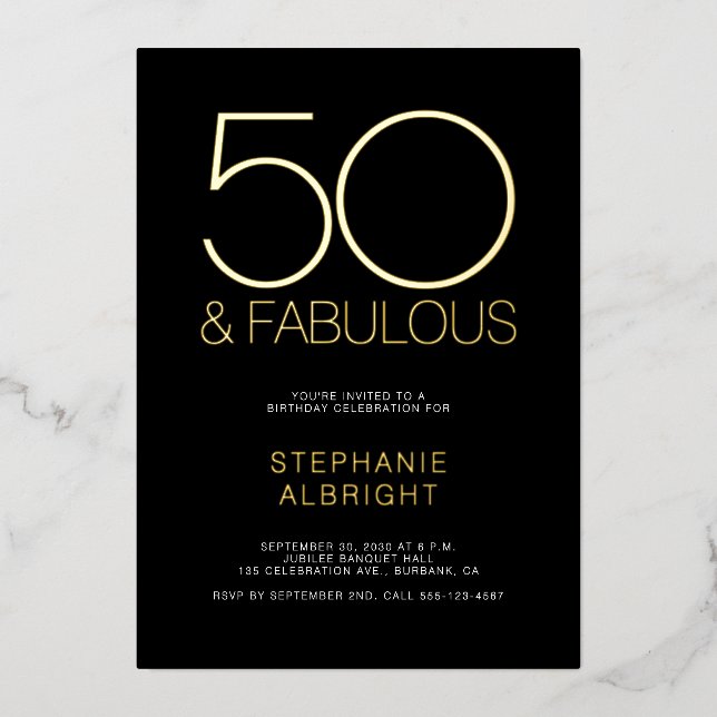 Invitation En Aluminium Gold Foil 50 and Fabulous 50th Birthday Party (Recto)