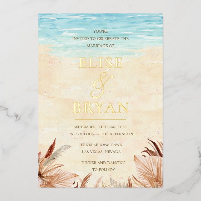 Invitation En Aluminium Gold Foil Beach Boho Bohemian Beach Wedding (Recto)