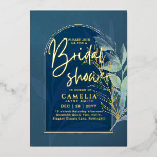 Invitation En Aluminium GOLD FOIL Blue Feuilles FÊTE DES MARIÉES QR Code F