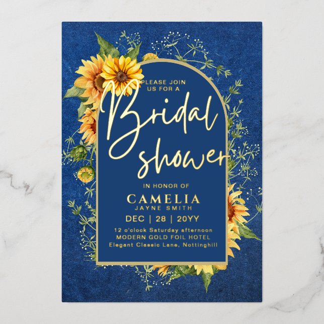 Invitation En Aluminium GOLD FOIL Blue Sunflowers FÊTE DES MARIÉES QR Code (Recto)