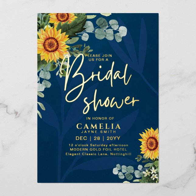 Invitation En Aluminium GOLD FOIL Blue Sunflowers FÊTE DES MARIÉES QR Code (Recto)