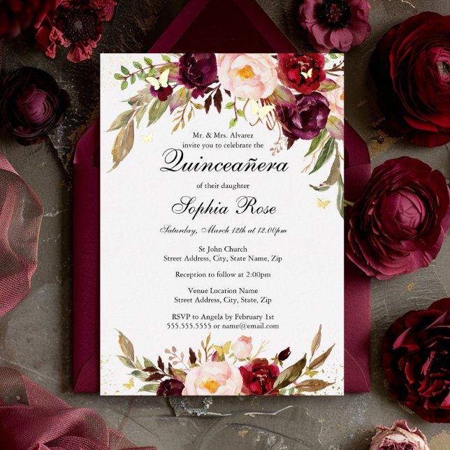 Invitation En Aluminium GOLD FOIL Blush Bourgogne Floral Quinceanera (Créateur téléchargé)