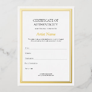 Invitation En Aluminium Gold Foil Bordure Certificat d'authenticité Art