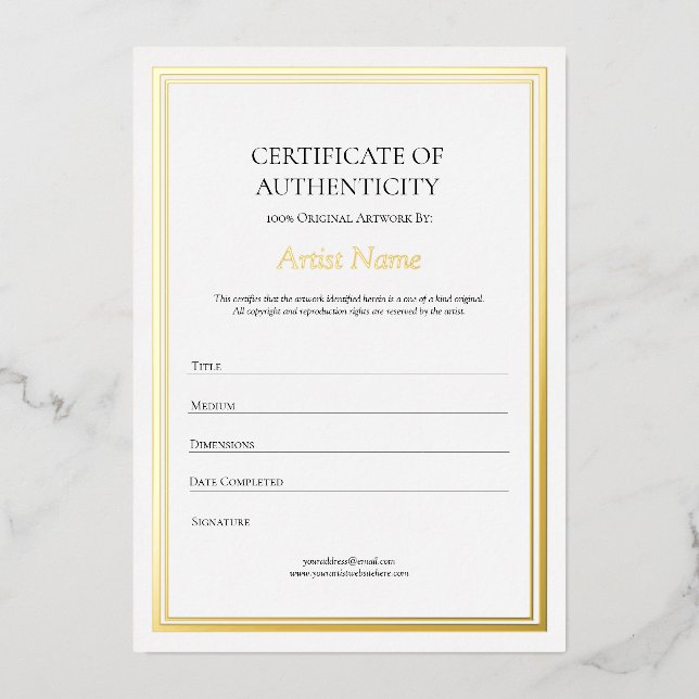 Invitation En Aluminium Gold Foil Bordure Certificat d'authenticité Art (Recto)