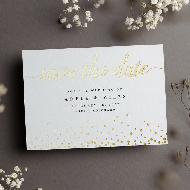Invitation En Aluminium Gold Foil Calligraphy Confetti Enregistrer la cart (Créateur téléchargé)