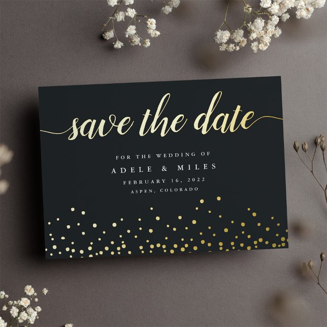 Invitation En Aluminium Gold Foil Calligraphy Confetti Enregistrer la cart (Créateur téléchargé)