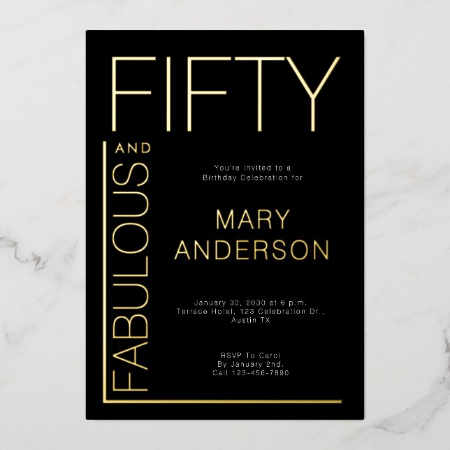 Invitation En Aluminium Gold Foil Cinquante et fabuleux 50e anniversaire f (Recto)