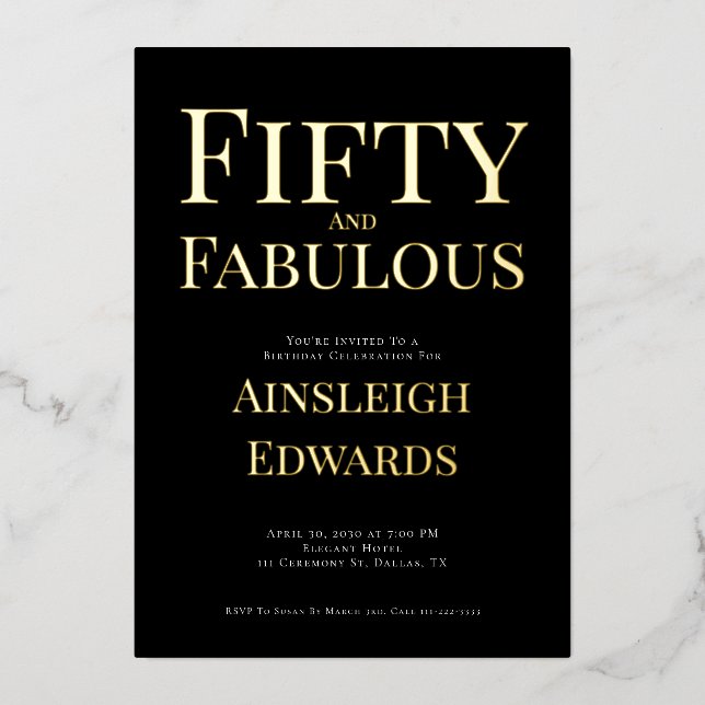 Invitation En Aluminium Gold Foil Fifty and Fabulous 50th Birthday Party (Recto)