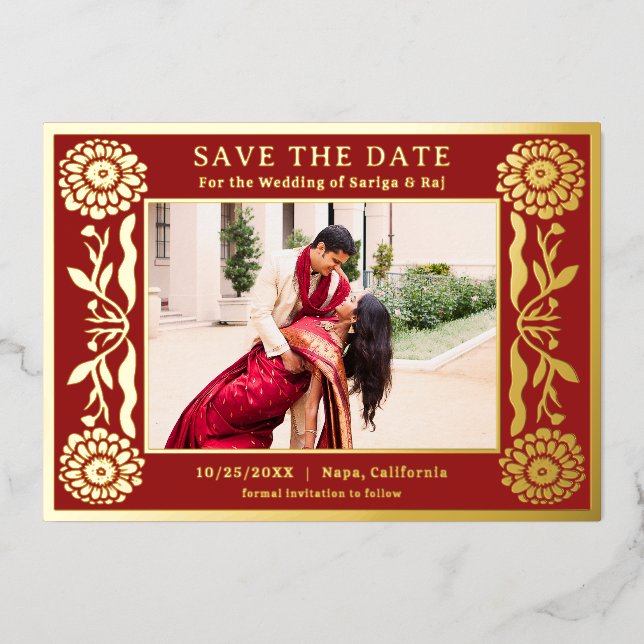 Invitation En Aluminium Gold Foil Floral Marigold Indien Enregistrer La Da (Recto)