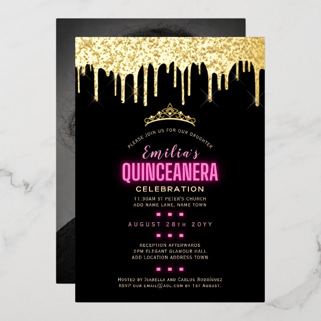 Invitation En Aluminium Gold Foil Girl rose PHOTO Anniversaire Quinceanera (Recto/Verso)