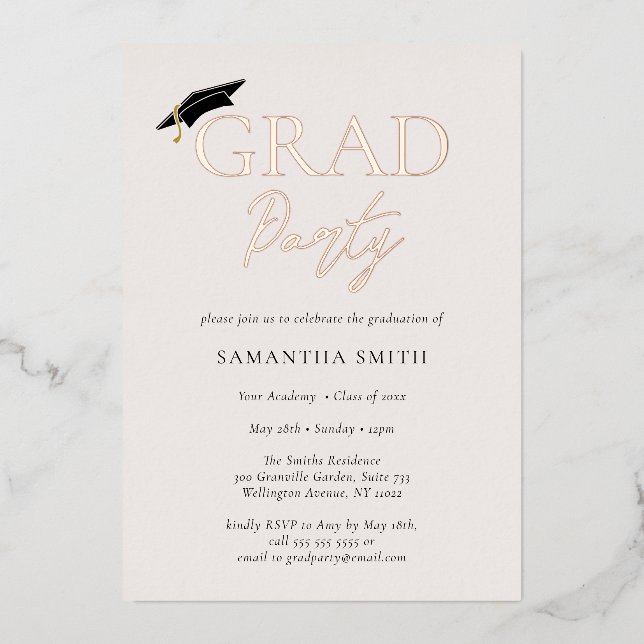 Invitation En Aluminium Gold Foil Grad Casquette Calligraphie Parti de gra (Recto)