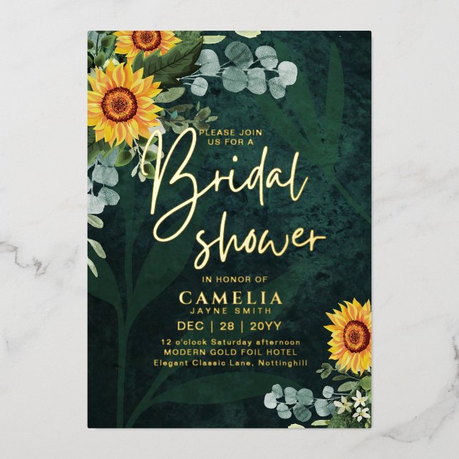 Invitation En Aluminium GOLD FOIL Green Sunflowers FÊTE DES MARIÉES QR Cod (Recto)