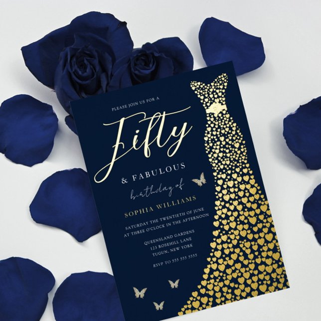 Invitation En Aluminium Gold Foil Heart Gown avec la Marine 50e fête d'ann (Créateur téléchargé)