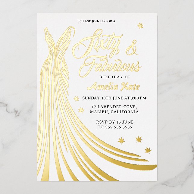 Invitation En Aluminium Gold Foil Luxury Gown 60e Anniversaire Fête Real (Recto)