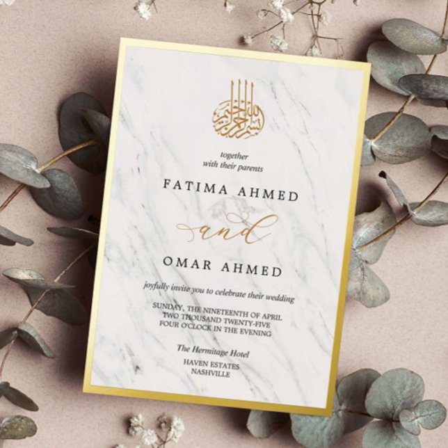 Invitation En Aluminium Gold Foil Nikah Marble islamique Mariage musulman (Créateur téléchargé)