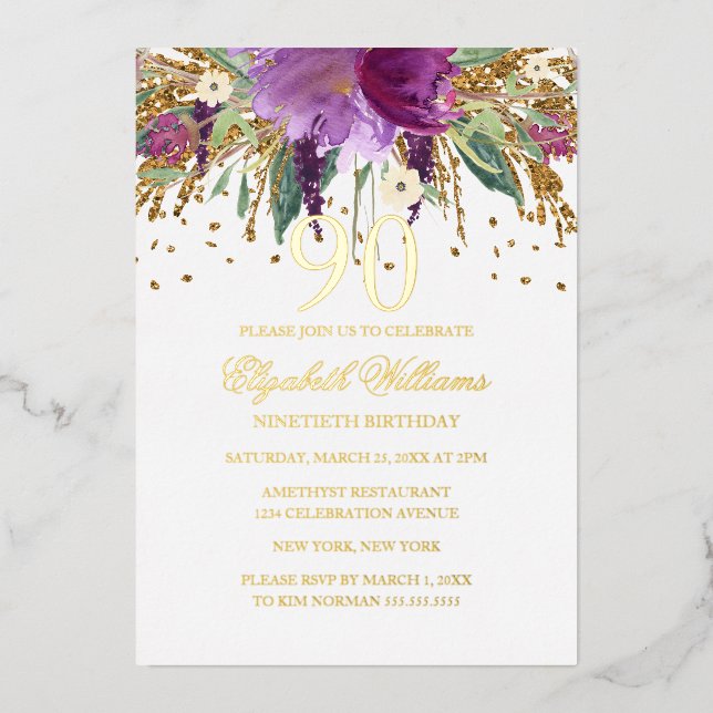 Invitation En Aluminium GOLD FOIL Parties scintillant florale Améthyste 90 (Recto)