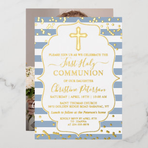 Invitation En Aluminium Gold Foil Photo Dusty Blue Stripes Première commun