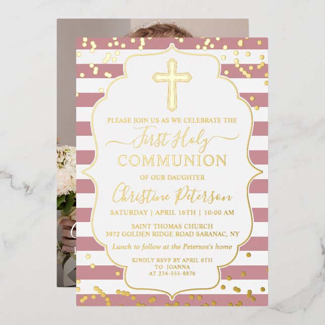 Invitation En Aluminium Gold Foil Photo Dusty Pink Stripes Première commun (Recto/Verso)
