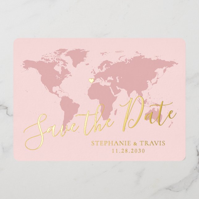 Invitation En Aluminium Gold Foil Pink World Map Destination Enregistrer l (Recto)