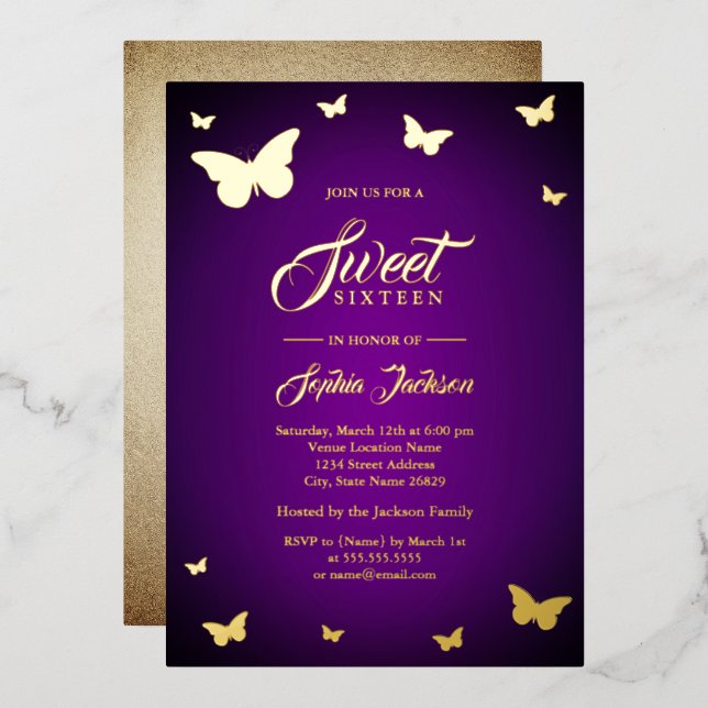 Invitation En Aluminium GOLD FOIL Purple Butterfly Sweet 16 Or (Recto/Verso)