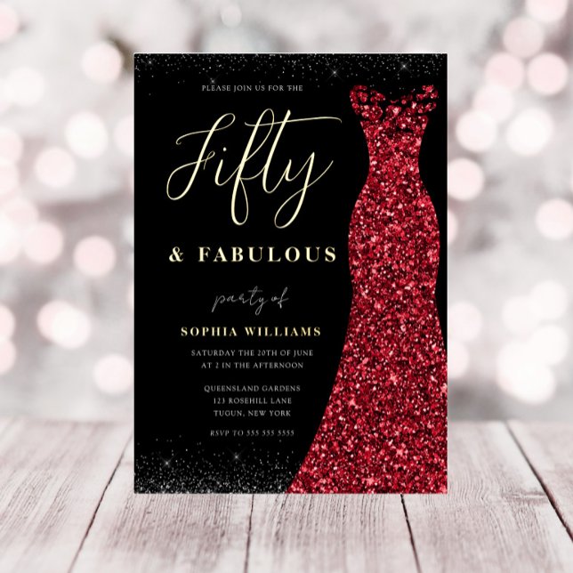 Invitation En Aluminium Gold Foil Red Gown Cinquante et fabuleux 50e anniv (Créateur téléchargé)