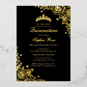 Invitation En Aluminium Gold Foil Rose Black Quinceanera Anniversaire