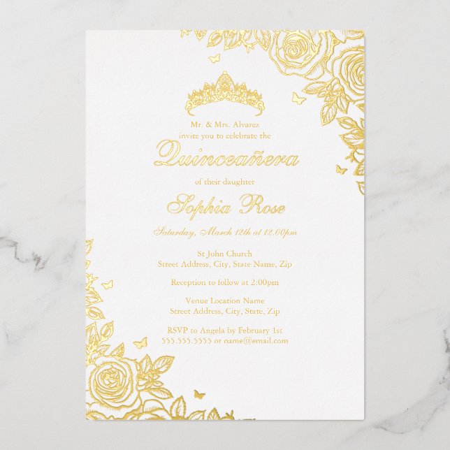 Invitation En Aluminium Gold Foil Rose Quinceanera Anniversaire (Recto)