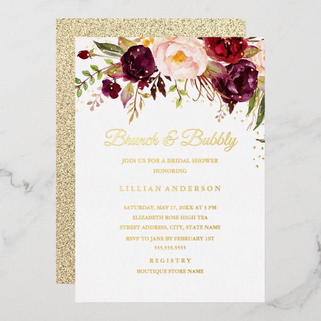 Invitation En Aluminium GOLD FOIL Rouge Bourgogne Floral Brunch Et Bubbly (Recto/Verso)