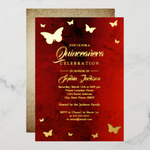 Invitation En Aluminium GOLD FOIL Rouge Papillon Quinceanera